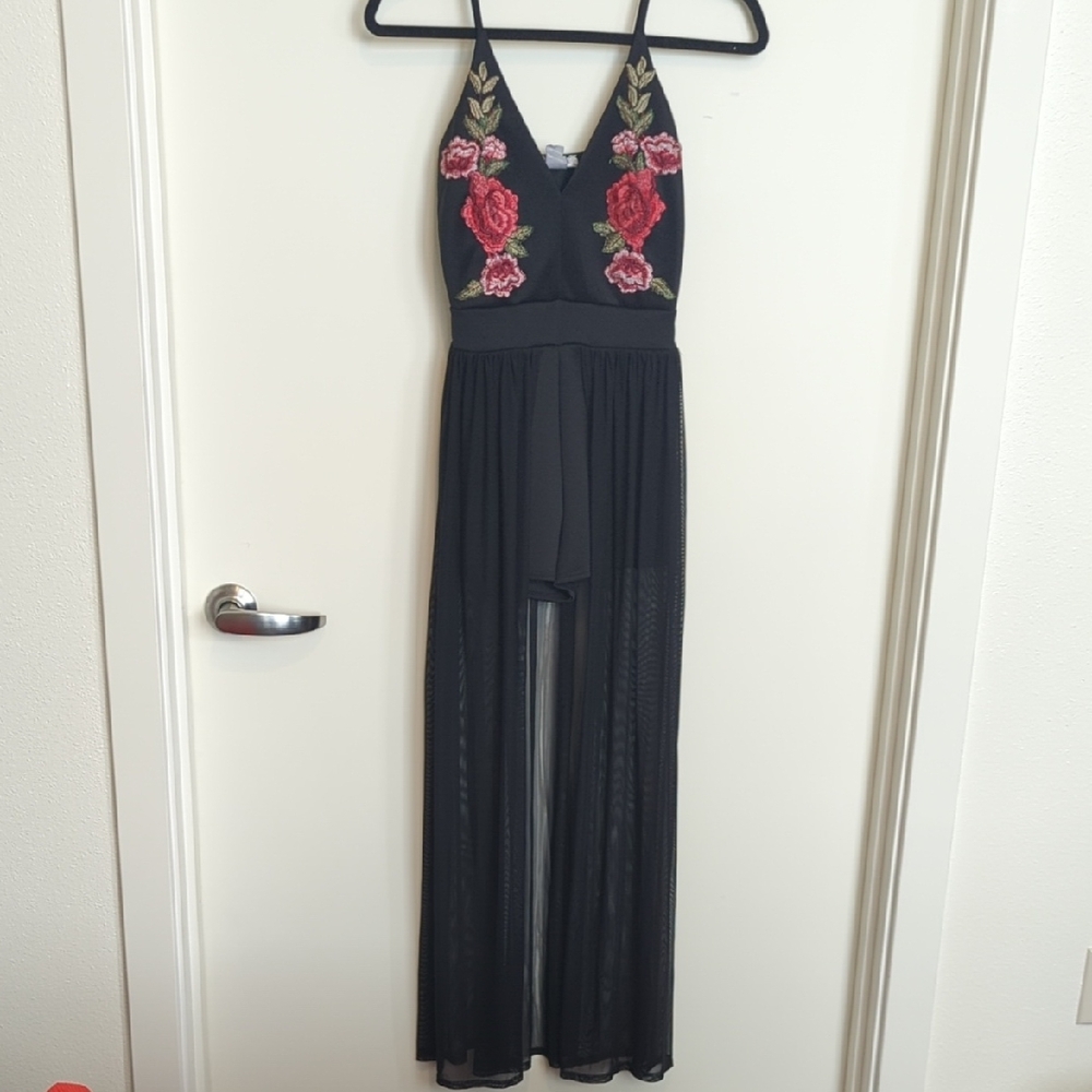 Black Jumpsuit/Romper With Embroidered Floral Details